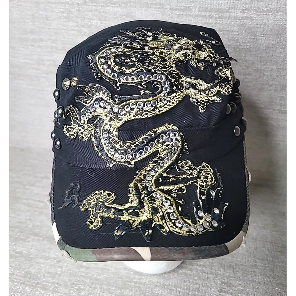 Dream Control USA SM/MED Black Studded Dragon‎ Rhinestone Hat Cap Camo RARE Y2K
